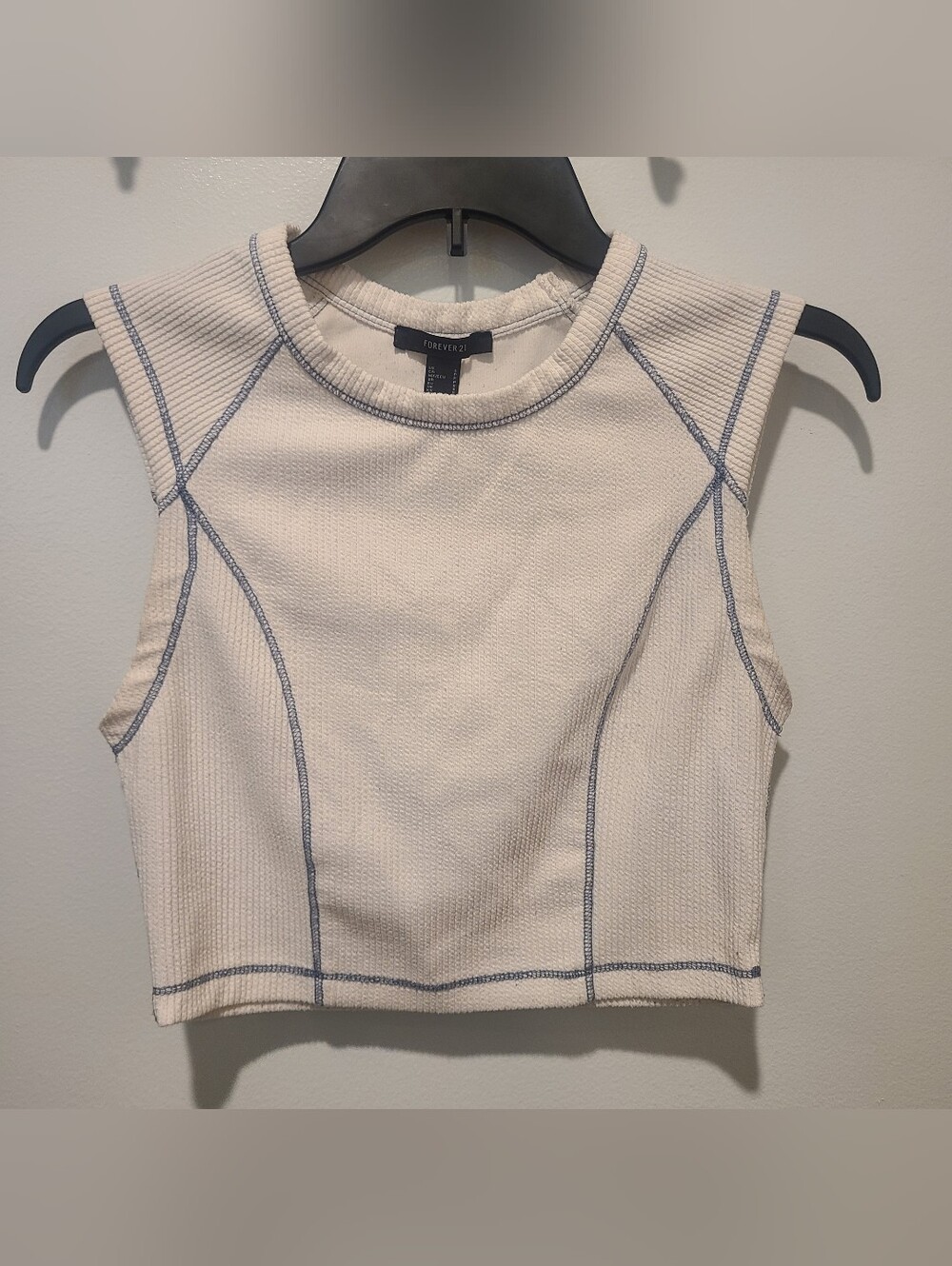 Forever 21 Crop Tank Cream Blue Sporty